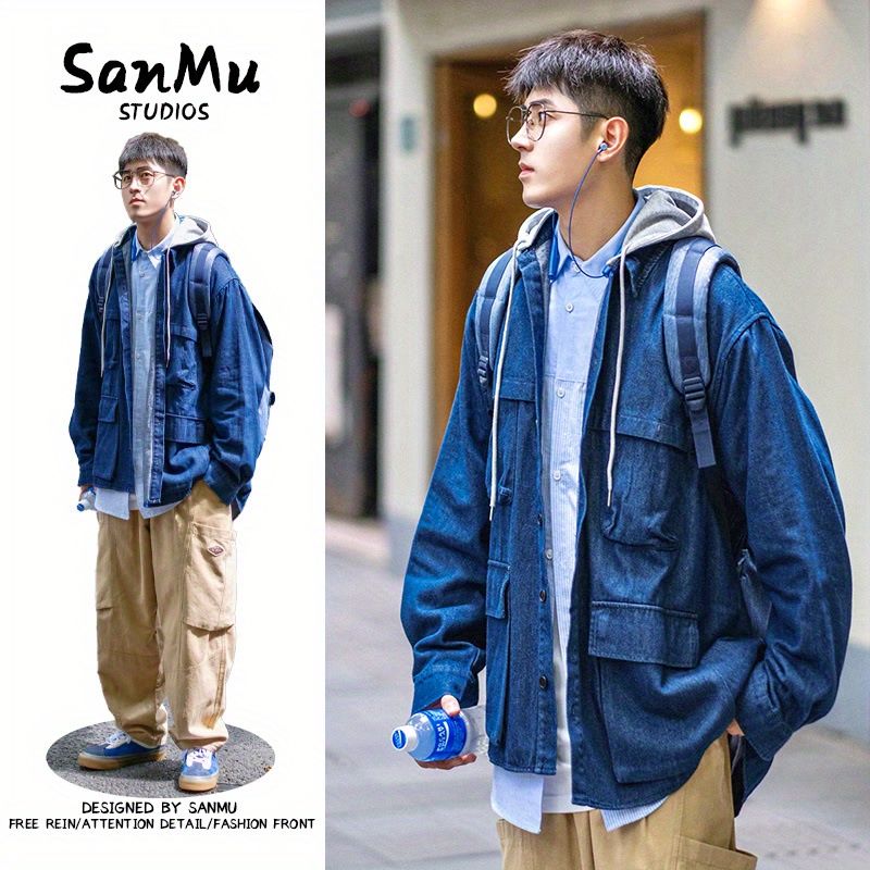 假兩件連帽牛仔夾克外套男日系工裝寬鬆衣服青少年秋冬季情侶上衣