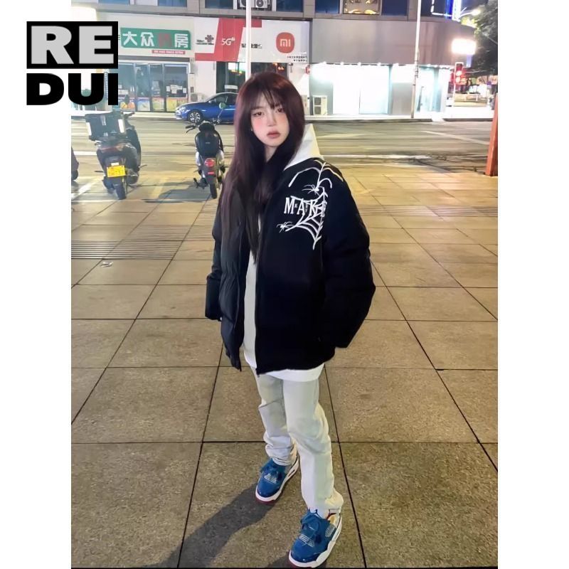 美式高街蜘蛛網棉服外套女寬鬆加厚潮牌oversize設計感小眾麵包服