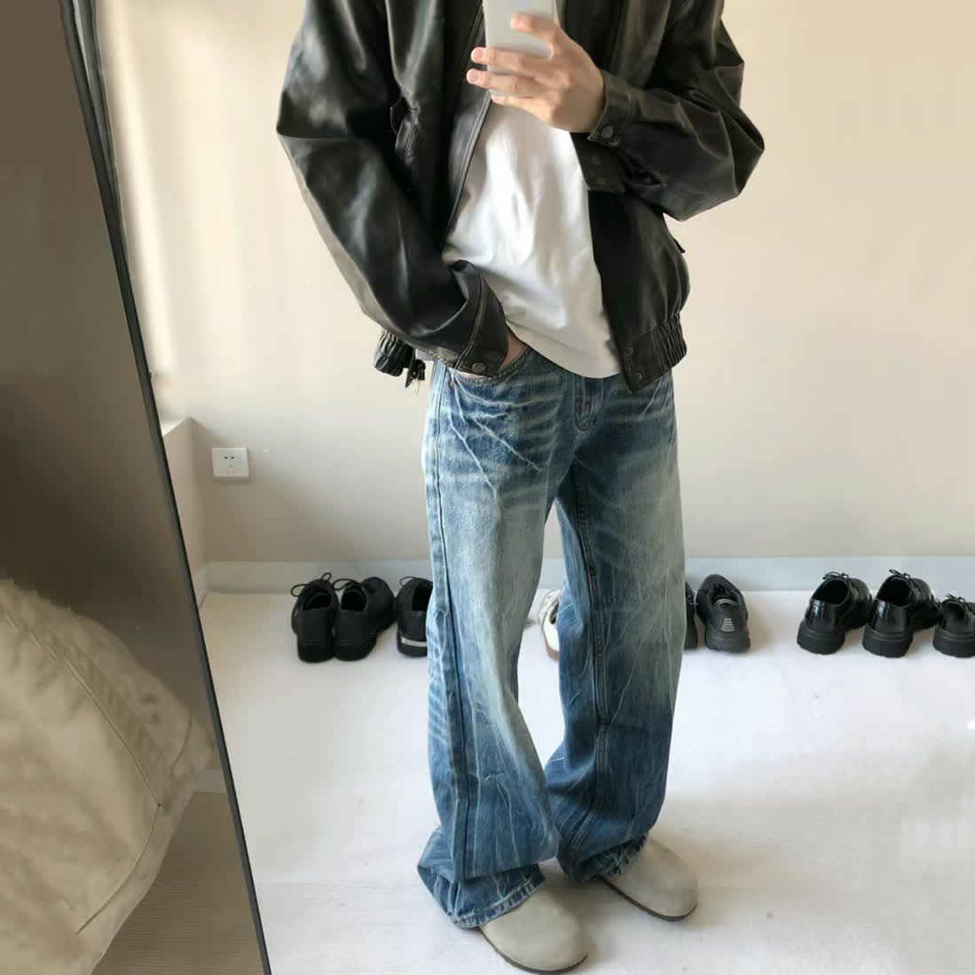 美式vibe水洗做舊藍色閃電壓褶微喇牛仔褲男直筒顯瘦cleanfit褲子