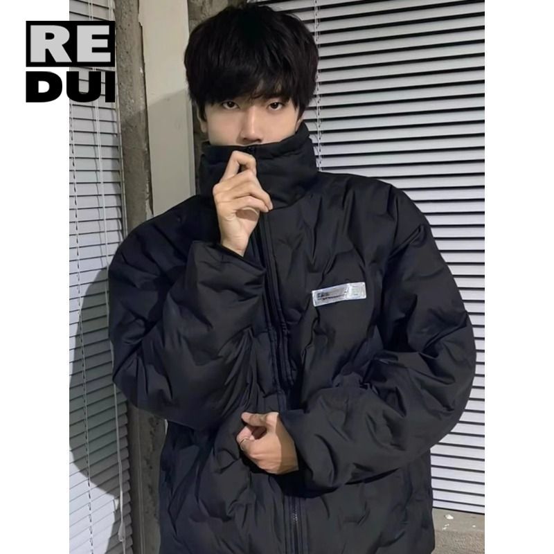 韓系高級感oversize棉服冬季男街頭潮牌菱格壓褶立領情侶棉衣外套