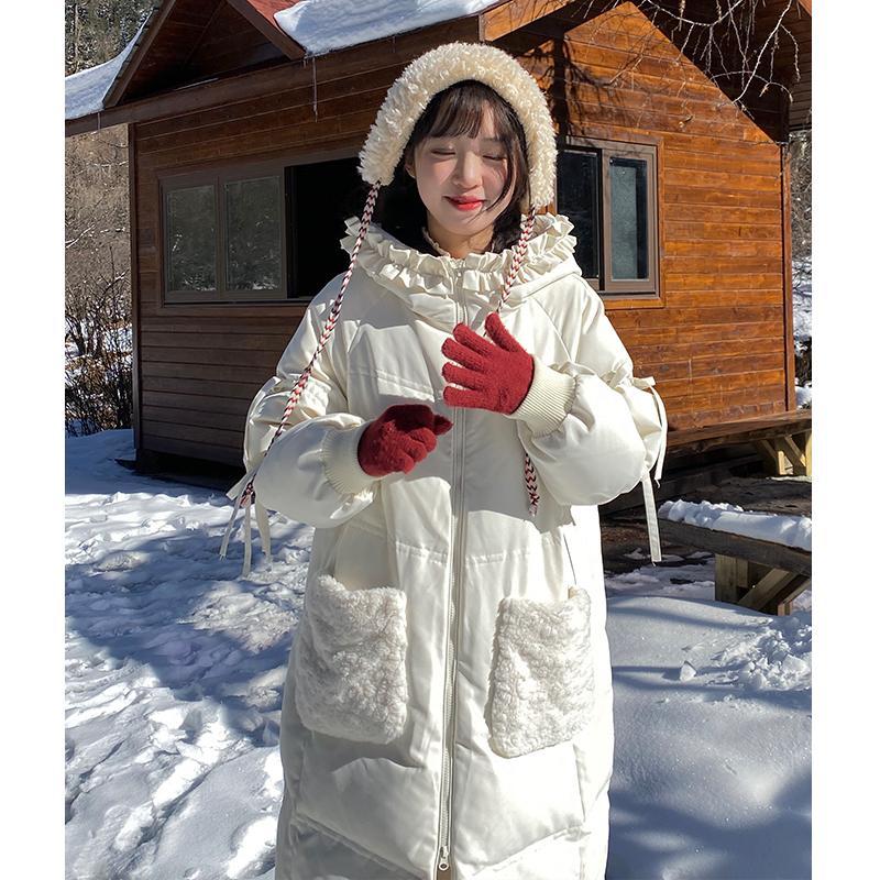 罐頭士棉衣棉服可愛軟妹過膝連帽白色羽絨棉服女長款麵包服蝴蝶結