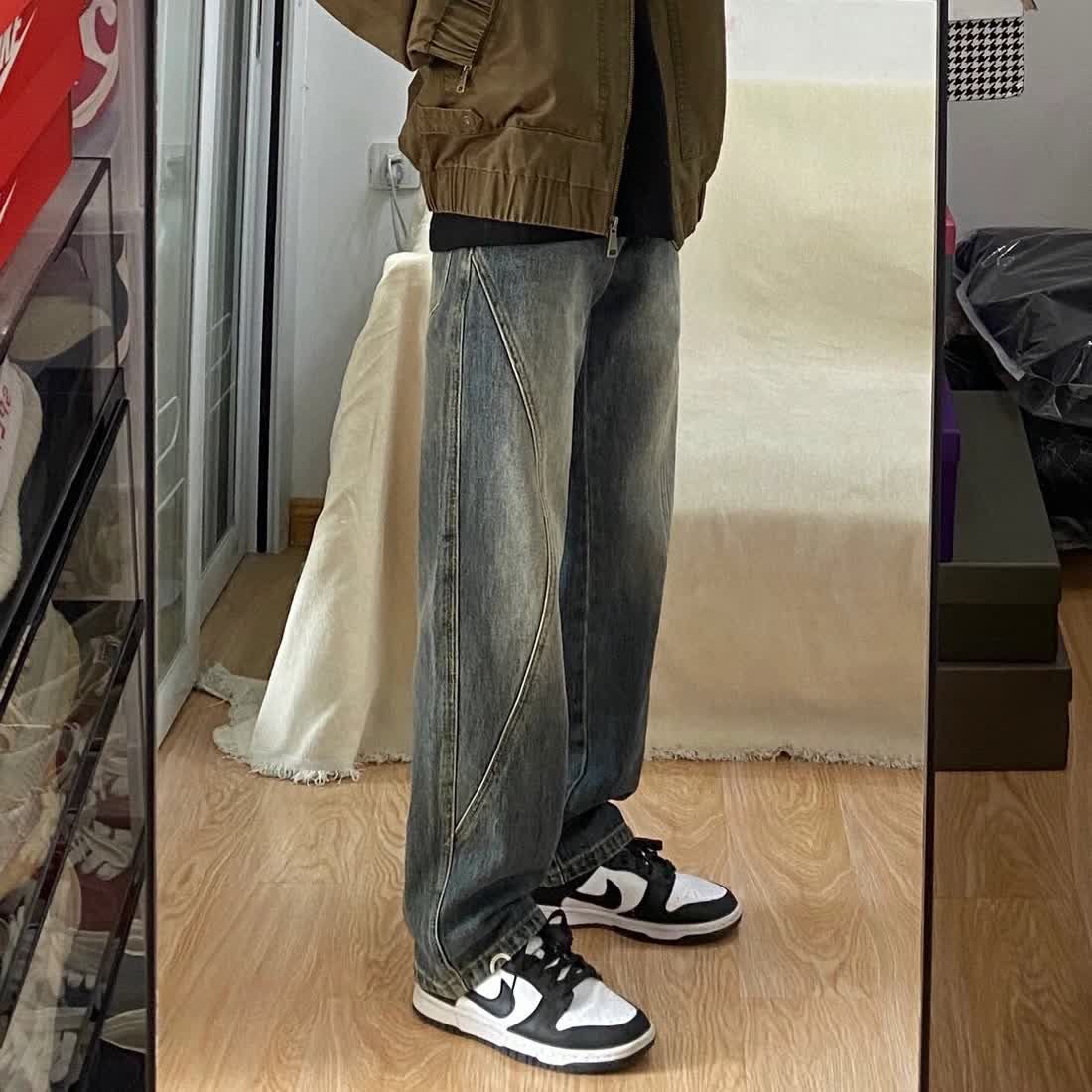男士牛仔褲秋冬款水洗做舊復古藍cleanfit褲子潮牌痞帥直筒闊腿褲