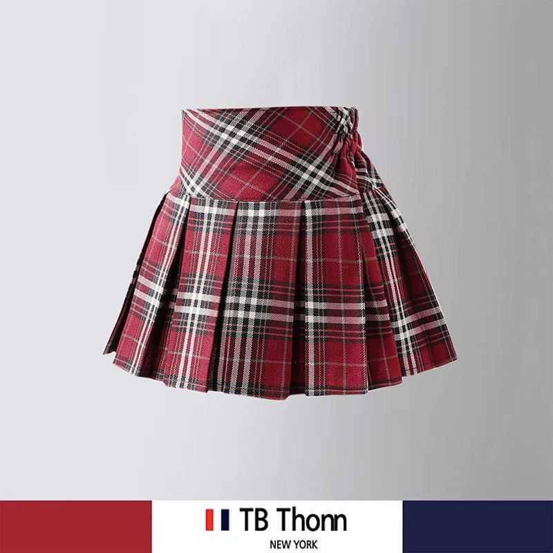 Girls' Burgundy Plaid Pleated Skirt Spring and Autumn College Style Skirt High Waist Elastic Short Skirt British Style