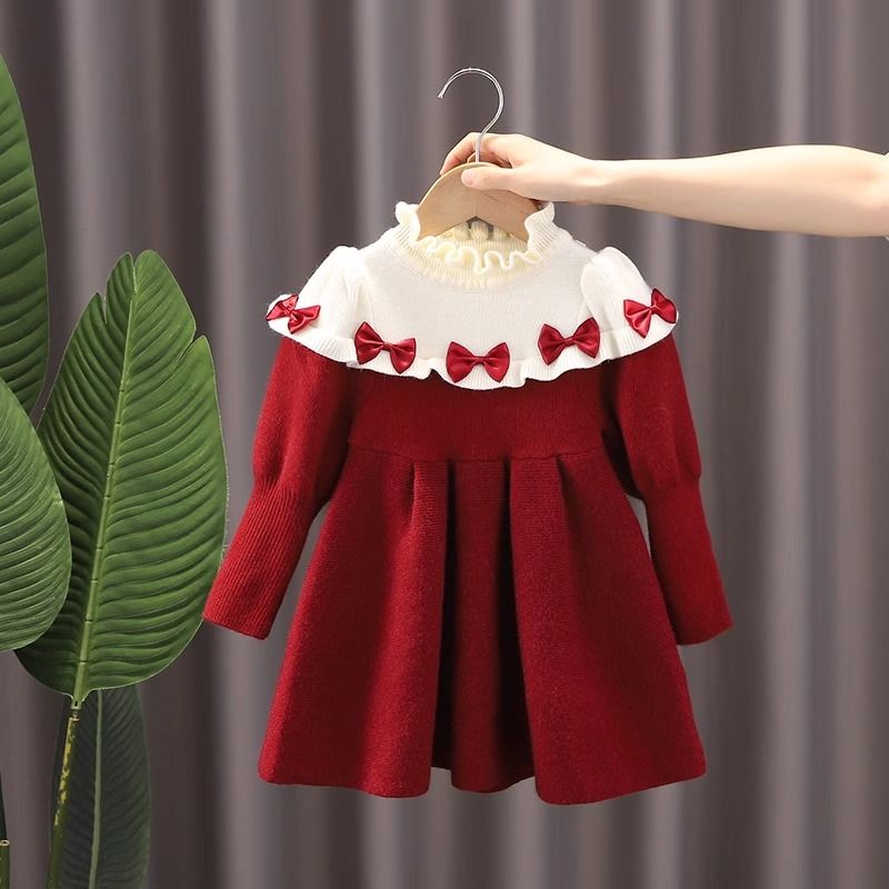 Girls knitted dress autumn and winter 2023 new baby sweater dress princess dress red children's winter dress