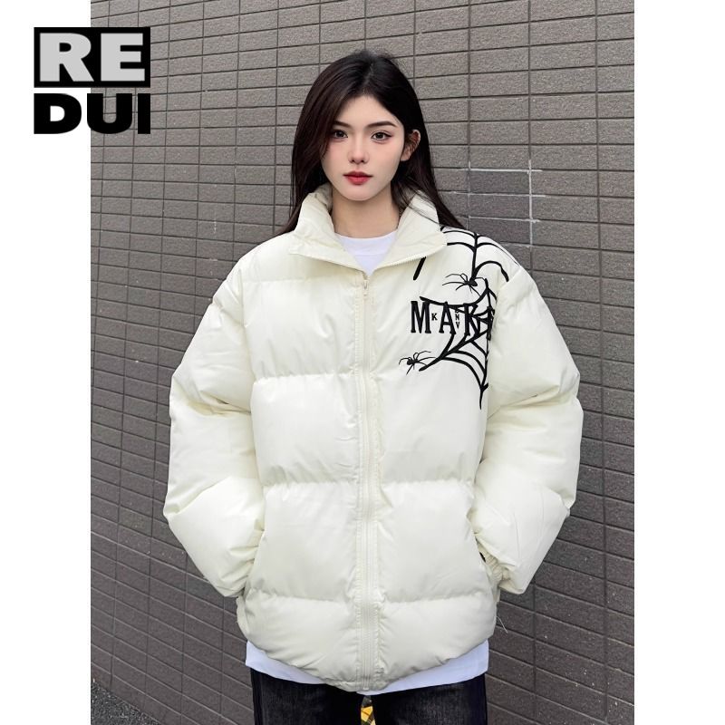 美式復古蜘蛛網刺繡棉服冬季加厚男女休閒款學院風保暖外套麵包服