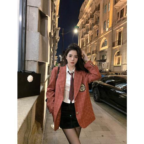 復古氣質千金風紅色格紋西裝女秋冬時尚新款高級感時髦中長款西裝