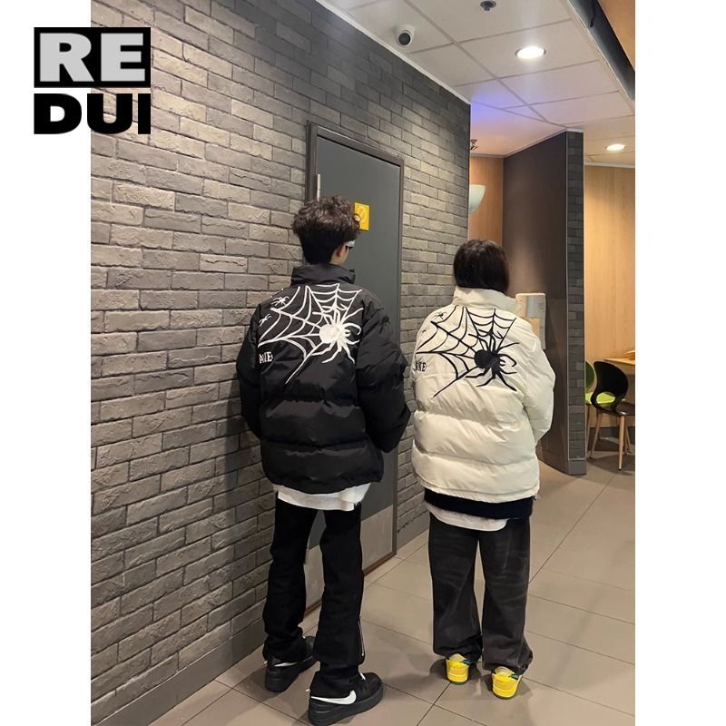 原創美拉德蜘蛛網刺繡棉服棉衣男女冬季加厚寬鬆麵包服保暖外套潮