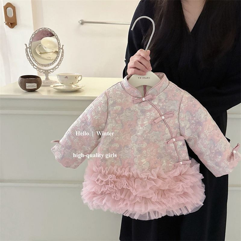 女童2023旗袍國風雙面提花女寶網紗拼接夾棉加厚連衣裙拜年服洋氣