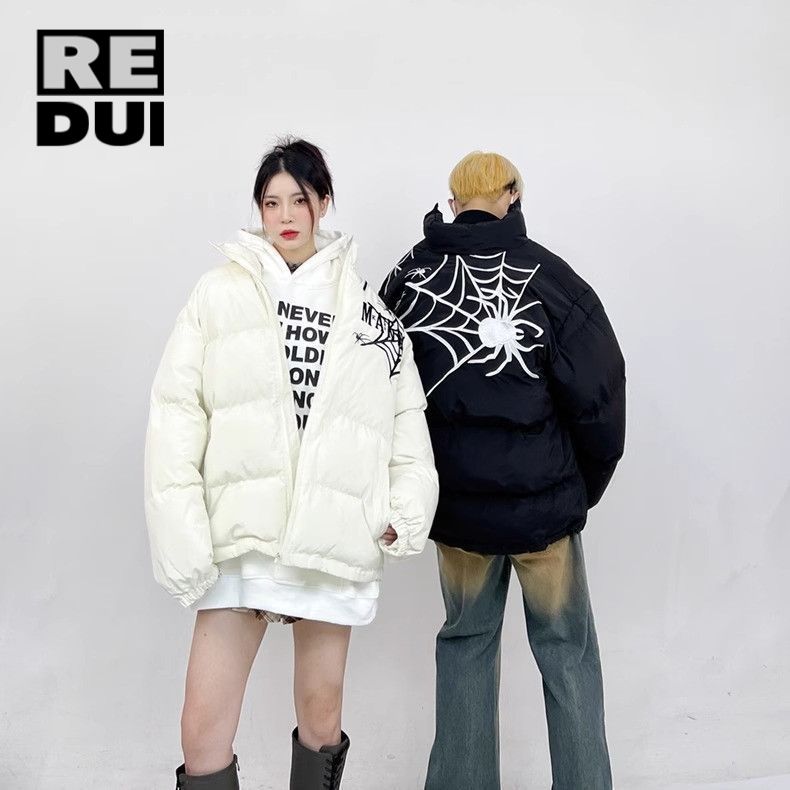 原創美式復古蜘蛛網刺繡棉服棉衣冬季加厚男女寬鬆麵包服外套潮流