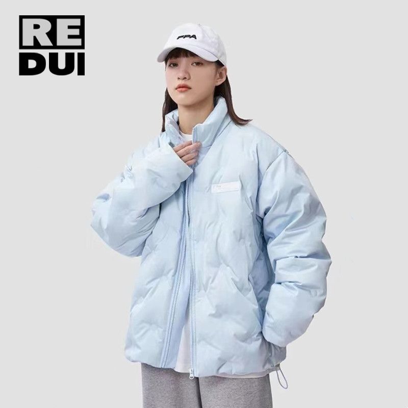 美拉德淺藍色壓印菱格棉服國潮牌秋冬季加厚情侶保暖棉衣百搭外套