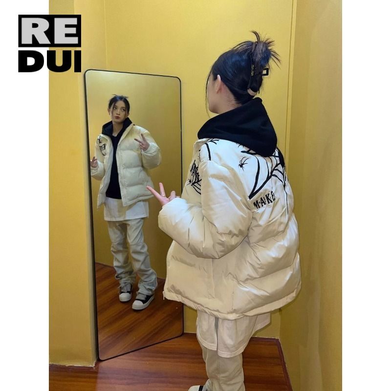 2023秋冬新款國潮原創美式蜘蛛刺繡加厚棉服情侶保暖棉衣外套男女
