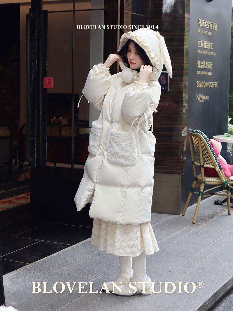微甜奶兔棉服加厚兔耳朵毛絨保暖連帽長款羽絨棉服女冬棉衣麵包服