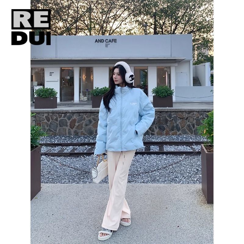 冬季淺藍色壓皺菱格棉衣棉服男女美式復古情侶潮牌棉襖外套高級潮
