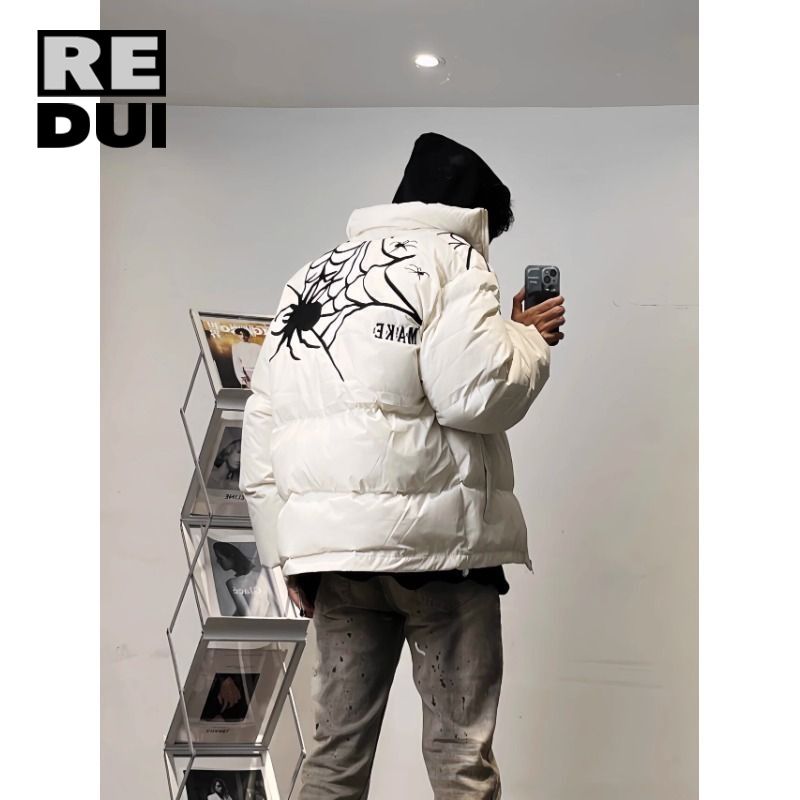 高街蜘蛛網刺繡棉服冬季加厚寬鬆麵包服國潮美式街頭痞帥情侶棉衣