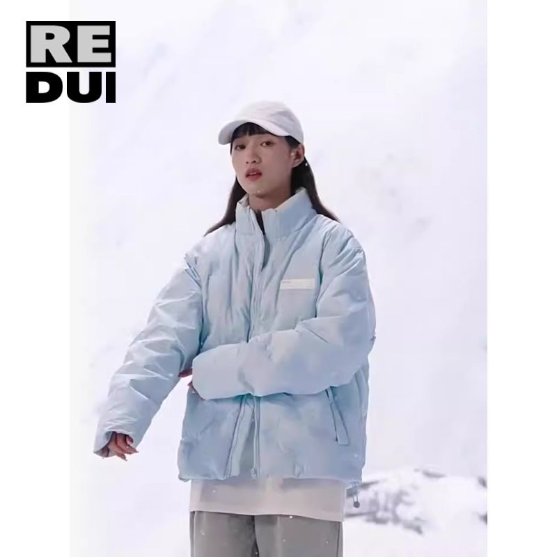 淺藍色壓印菱格棉服潮牌2023冬季加厚男女情侶款潮美拉德高級外套