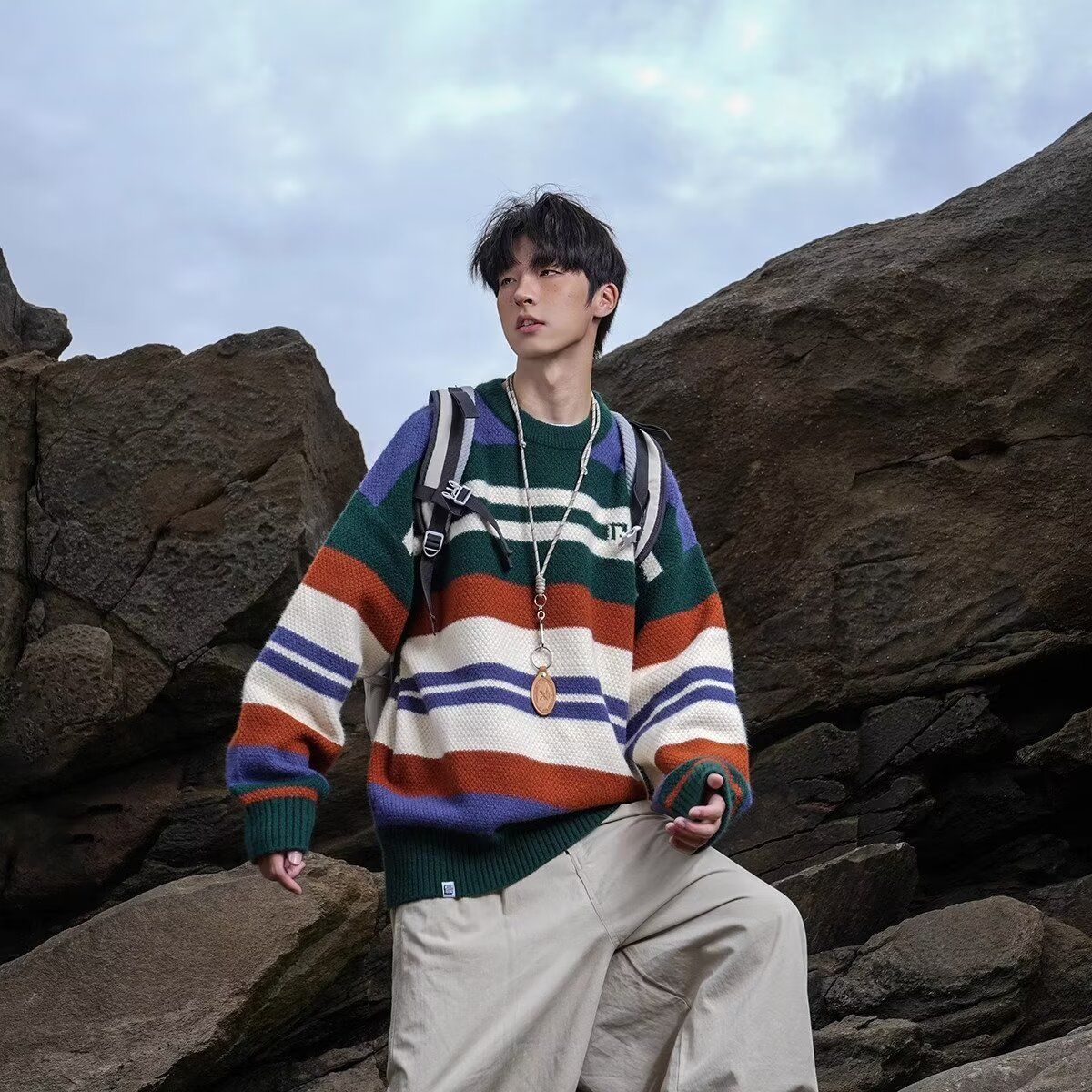 Colorful contrasting striped sweaters for men and women, niche soft and waxy autumn and winter lazy loose trendy ins versatile sweaters