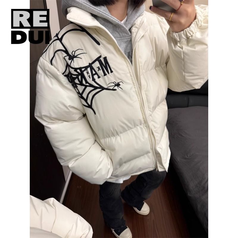 美式小眾復古國潮棉服蜘蛛刺繡棉衣冬季加厚情侶男女寬鬆麵包外套