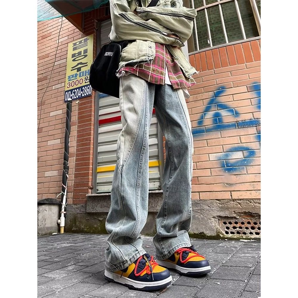 美式vibe風解構牛仔褲男秋冬高街潮牌水洗漸變修身顯瘦窄版微喇褲