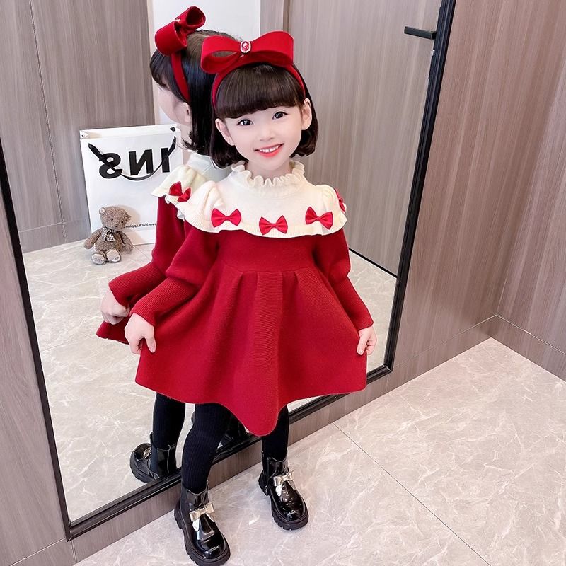 女童針織毛衣裙2023秋裝新款長袖中小童連衣裙小女孩兒童加絨裙子