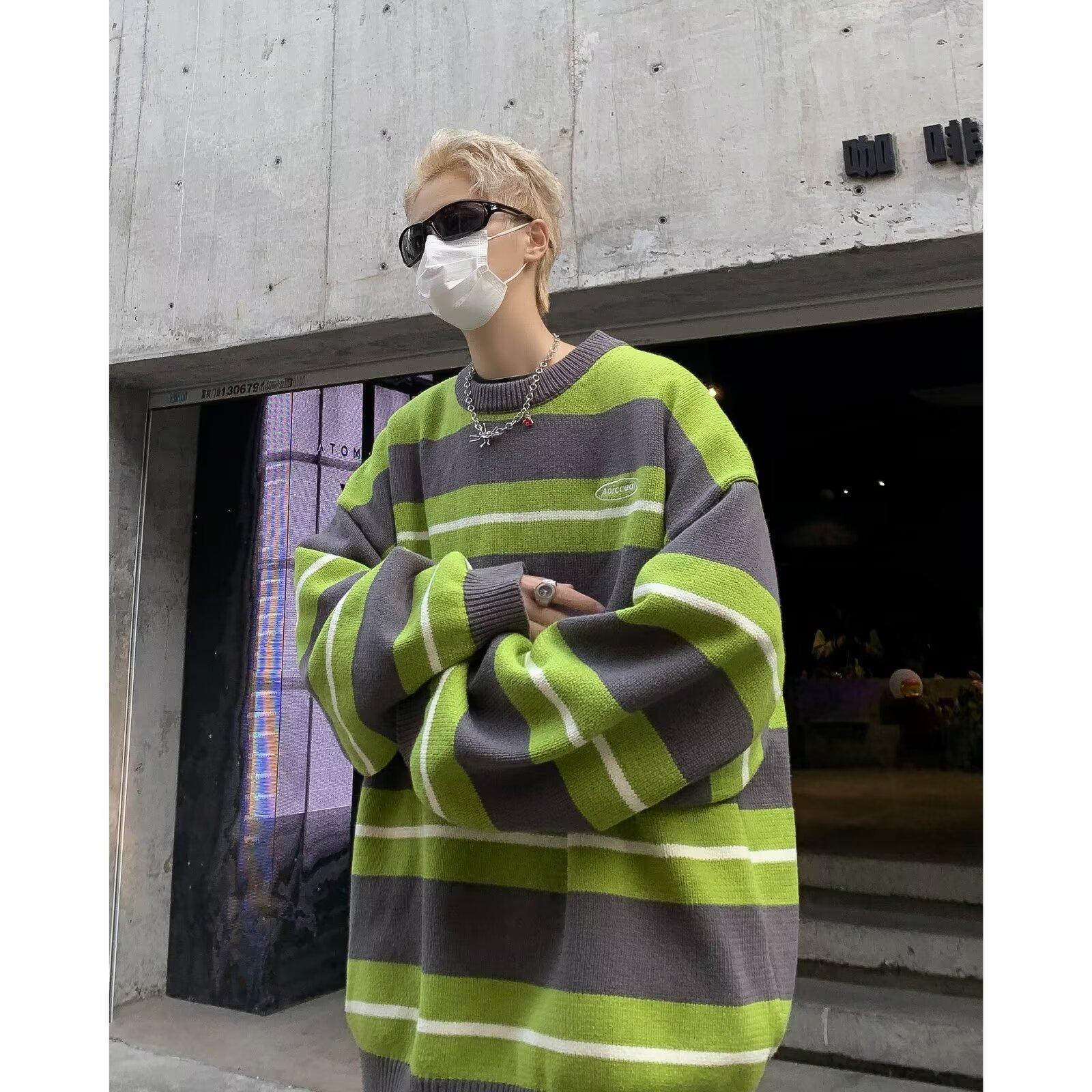 Dopamine green striped sweater for men and women in contrasting colors niche versatile lazy loose ins student bottoming sweater