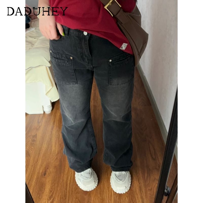 Black and gray retro jeans for women in summer, slim fit, flared pants, high street, wide-leg, washed, distressed, floor-length trousers, trendy