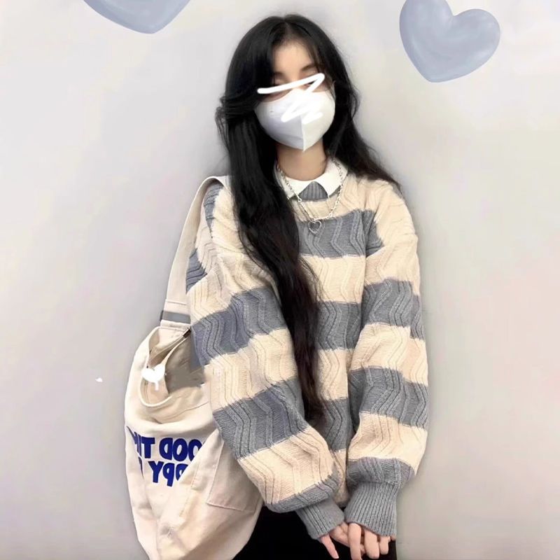 撞色條紋毛衣女學生版秋冬季新款爆款加厚寬鬆休閒慵懶風針織上衣