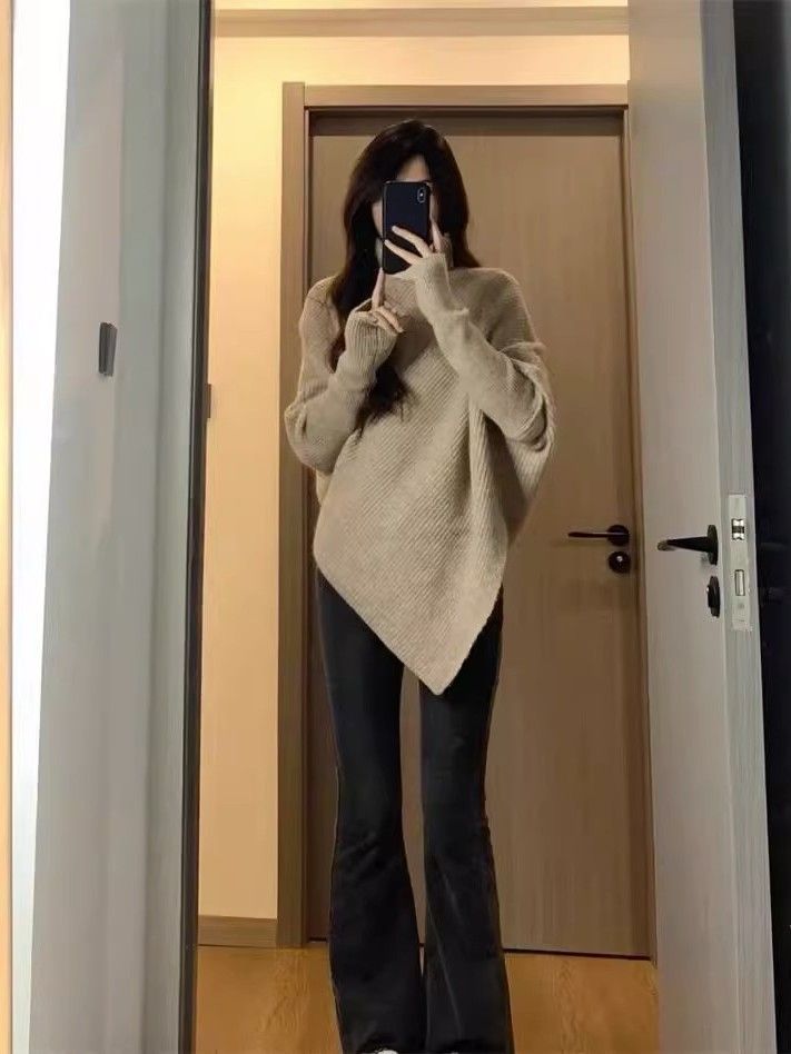 秋冬季時尚休閒新款不規則ins高領毛衣女爆款慵懶風加厚針織上衣