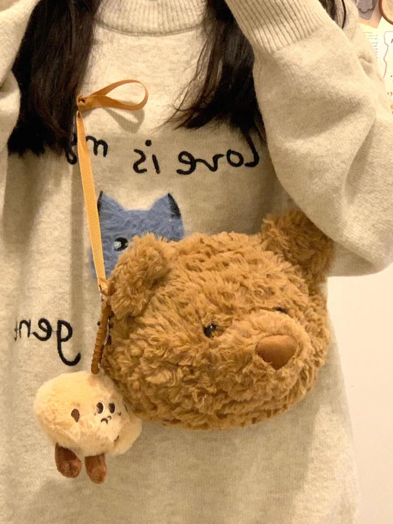 Autumn and winter cute bear head plush bag Japanese girl furry bag cute cartoon doll crossbody bag for women