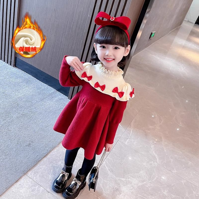 Girls' dress, style and velvet, birthday and first-year dress, baby red sweater dress, children's New Year's greetings dress