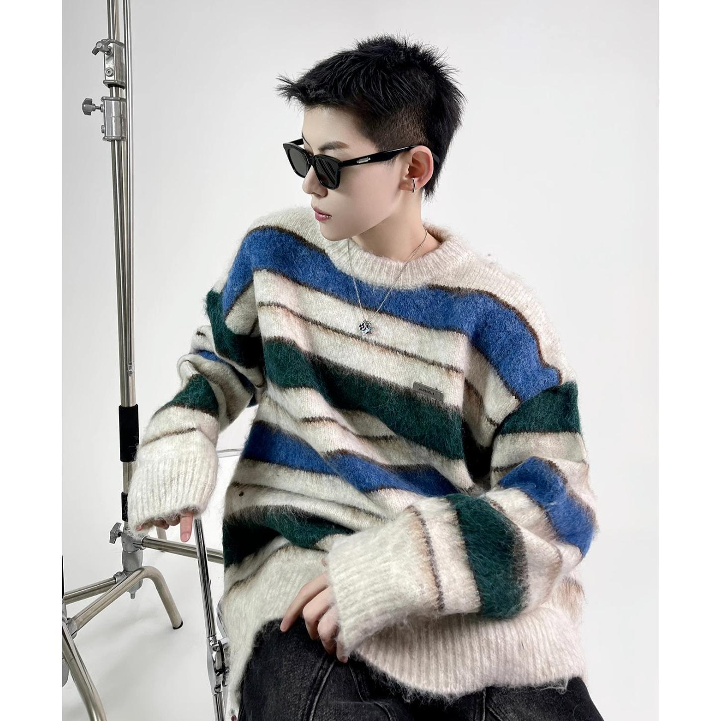 Contrast striped sweaters for men and women tie-dye niche soft waxy autumn and winter lazy loose trendy ins student versatile sweaters