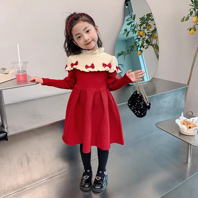 Girls' knitted dress for Chinese New Year 2023 new style children's baby bow Korean style velvet sweater princess dress
