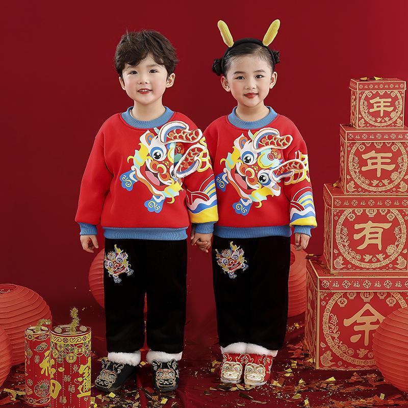 拜年服男童加絨中國風套裝女童洋氣喜慶新年裝寶寶唐裝兒童過年服