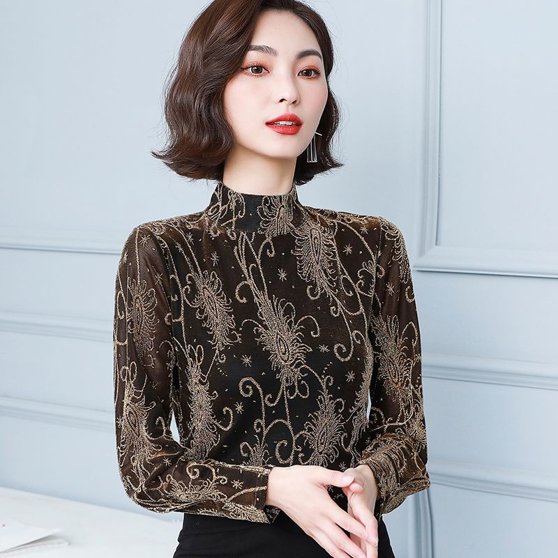 打底衫外穿上衣2024秋冬新款網紗長袖T恤女優雅性感復古立領加絨