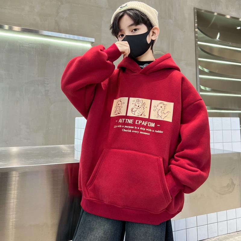 男童加絨紅色衛衣兒童拜年服2024龍年冬裝帥氣男孩本命年上衣服潮