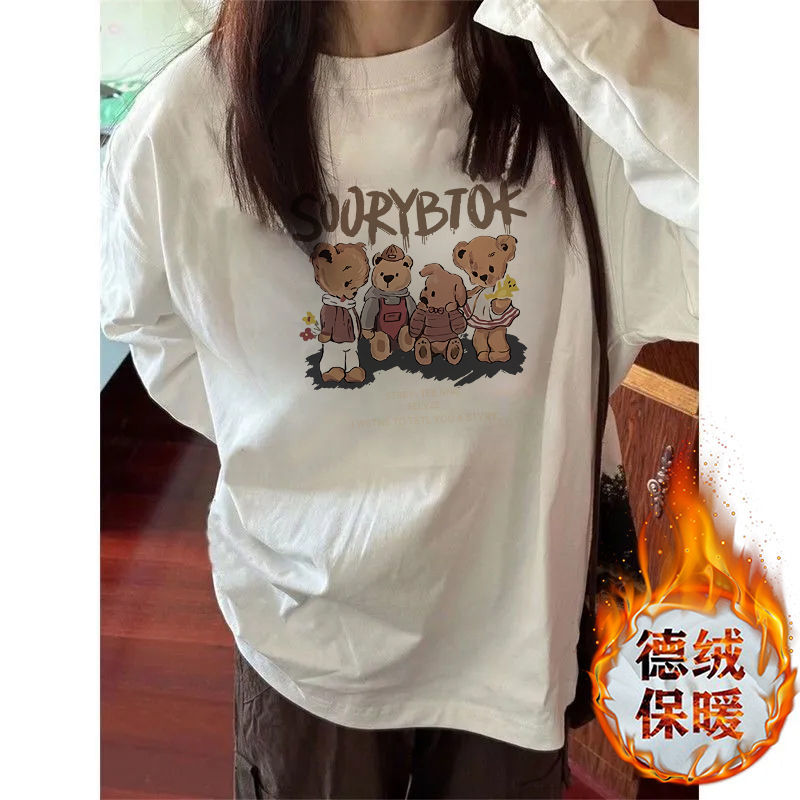 加厚雙面德絨圓領白色印花打底衫女加絨秋冬磨毛內搭寬鬆長袖t恤