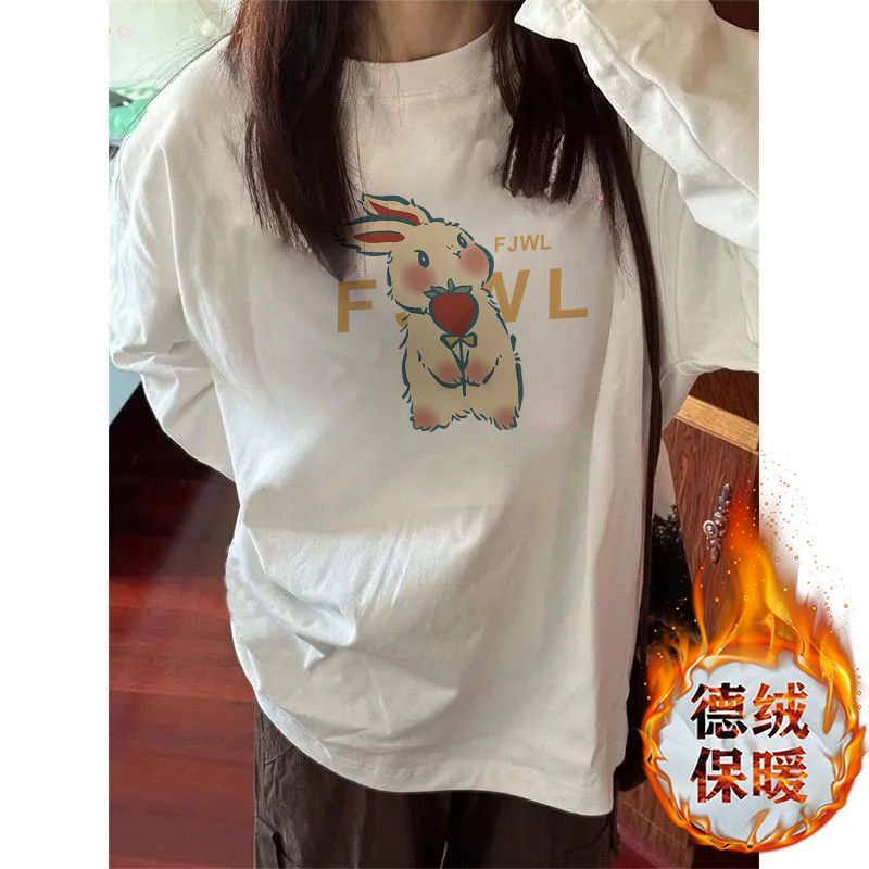 加厚雙面德絨圓領白色印花打底衫女加絨秋冬磨毛內搭寬鬆長袖t恤