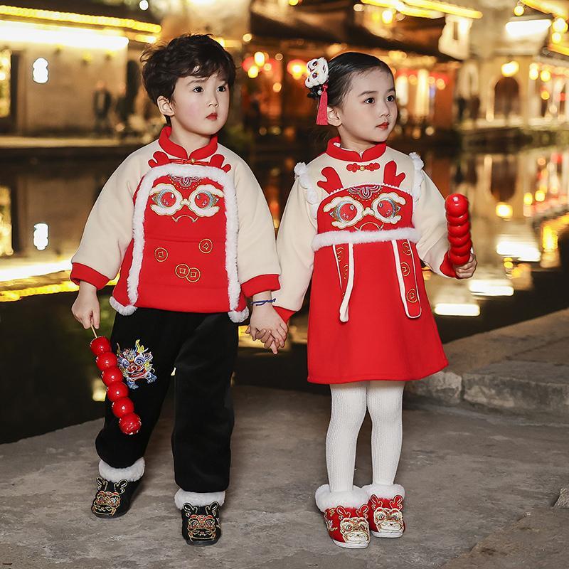 漢服男童拜年服冬季2024龍年周歲禮服寶寶唐裝旗袍裙女童過年衣服