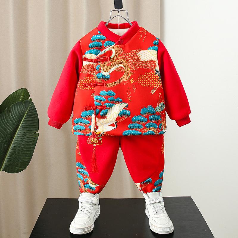 拜年服男童唐裝冬季過年服國風兒童漢服男寶寶秋冬裝加絨新年套裝