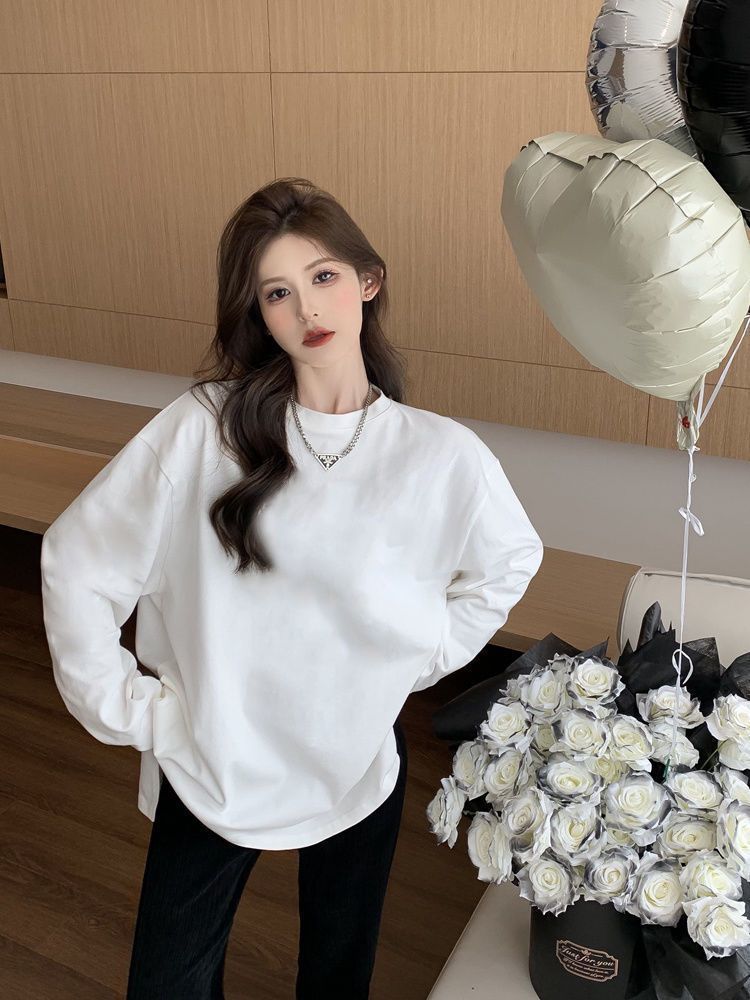 德絨開叉T恤加絨加厚打底衫寬鬆百搭秋冬新款女裝ins白色上衣學生