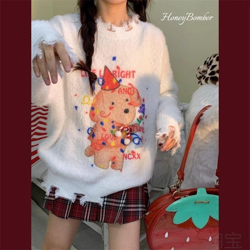 XJ家輕奢美式慵懶風聖誕節卡通小狗針織衫毛衣女秋冬甜美軟糯上
