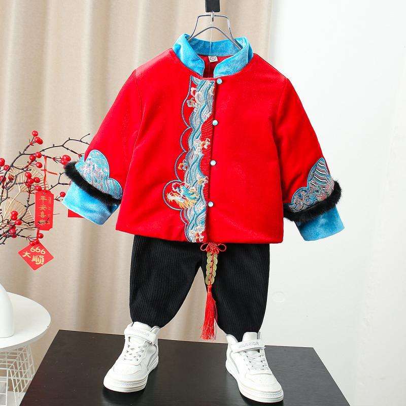 拜年服男童唐裝兒童中國風加絨套裝女童漢服冬季寶寶過年喜慶衣服