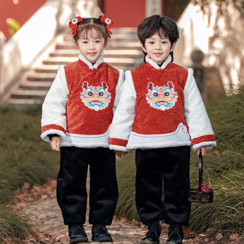 拜年服龍年2024新年服男童套裝兒童國風唐裝寶寶周歲禮服過年衣服