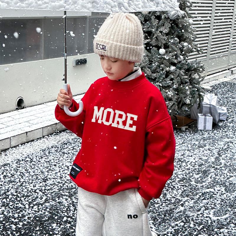 红色圣诞男童卫衣加绒冬装2024新款龙年拜年服中大童一体绒上衣潮