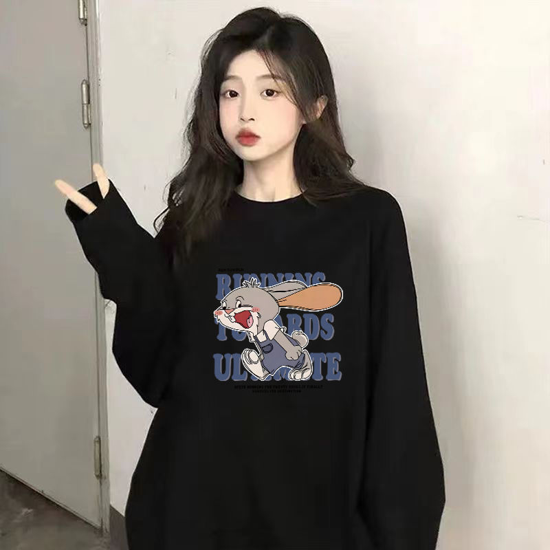 美式小眾黑色長袖t恤女oversize寬鬆大碼高街印花秋季百搭上衣ins