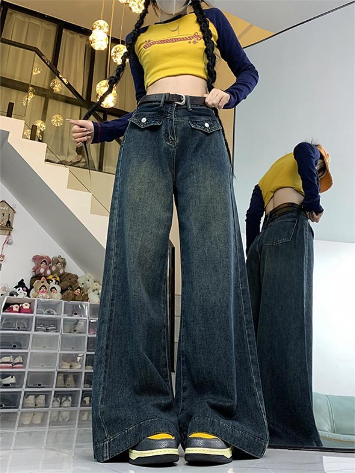 秋冬2023新款美式復古闊腿大碼牛仔褲胖MM高腰顯瘦垂感直筒拖地褲