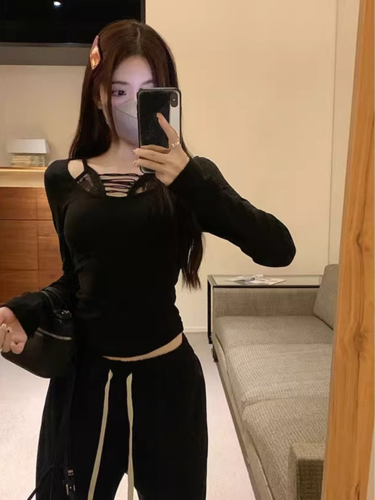 韓系假兩件長袖蕾絲T恤女秋冬純欲內搭打底別致獨特洋氣時髦上衣