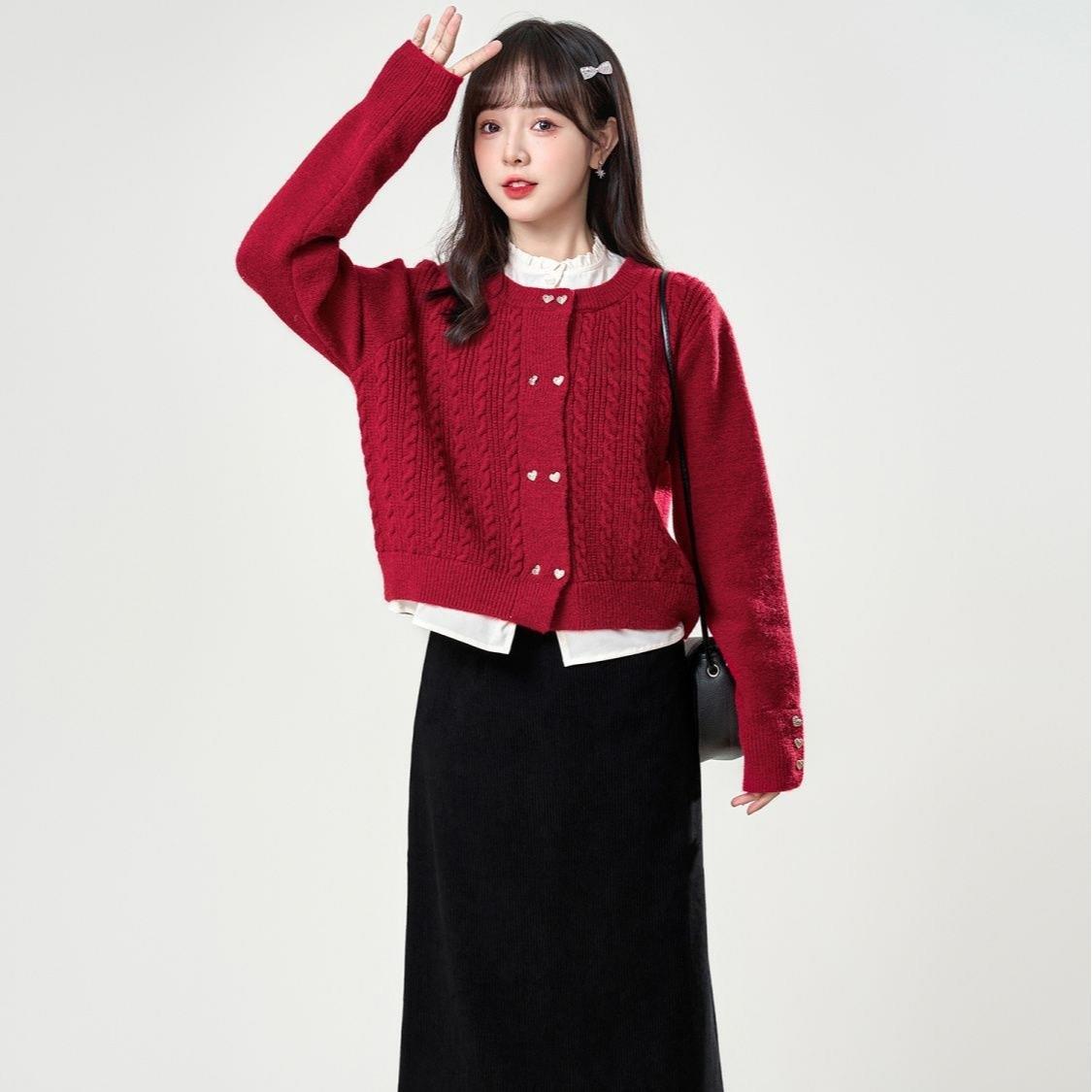 XJ家設計感假兩件紅色毛衣開衫女2023新款秋冬拼接短款針織開衫