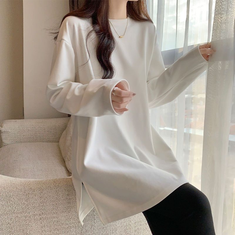 100%純棉打底衫女春秋冬韓版內搭寬鬆中長款白色開叉t恤長袖上衣