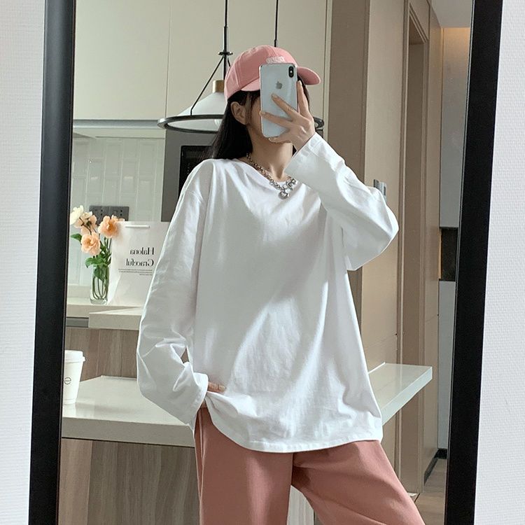 ins春秋長袖T恤女疊穿韓版寬鬆上衣內搭純色百搭打底衫學生潮白色