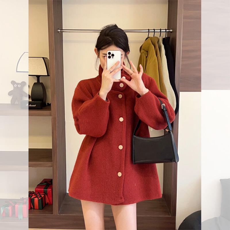 韓系赫本風紅色大衣女秋冬時尚新年戰袍氣質名媛風中長款毛呢外套